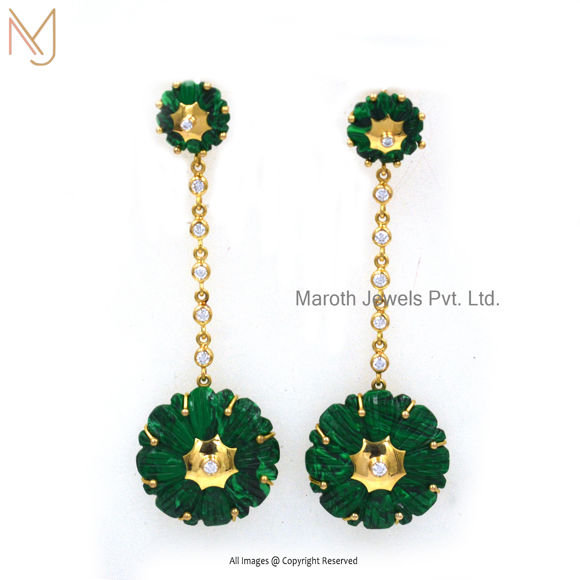 925 Silver Yellow Gold Plated Malachite Cubic Zircoina Flower Earrings  Jewelry| USA Jewelry Manufacturer | Maroth Jewels